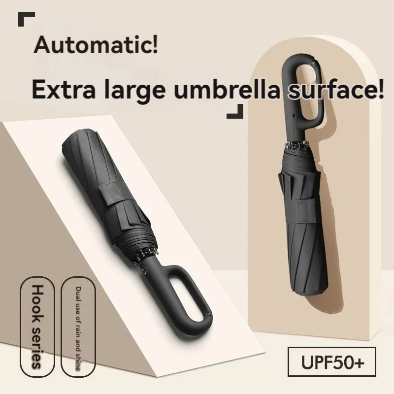 Folded black umbrella with a unique curved handle on display. Text reads Automatic! Extra large, windproof umbrella surface! Hook series, UPF50+, and reflective design for dual use: rain and shine, all set against a beige background with geometric shapes.